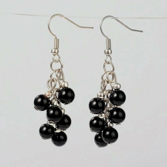 Handcrafted Natural Black Onyx Gemstone Beads Cluster Dangle Earrings - Picture 1 of 1